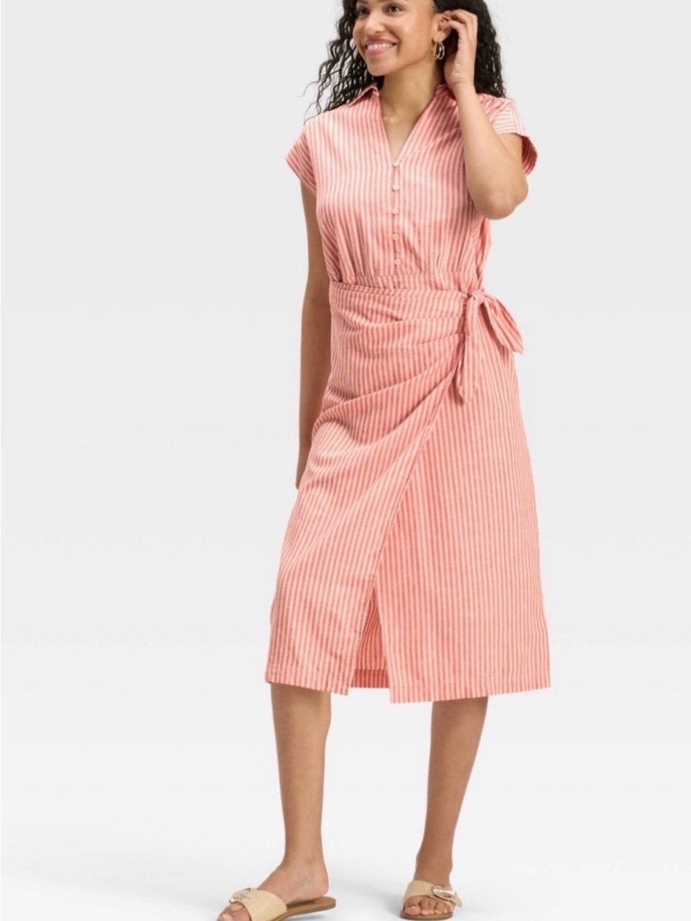 Universal Thread Pink Striped Tie-Waist Midi Dress